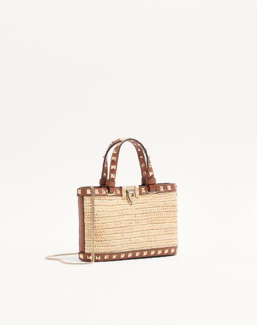 Valentino Garavani - Mini Rockstud Shopping Bag In Raffia - Natural/saddle Brown - Woman - Totes